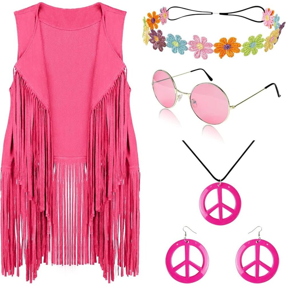 70s Hippie Costume Set For Women Fringe Vest Peace Sign Jewelry Accessories